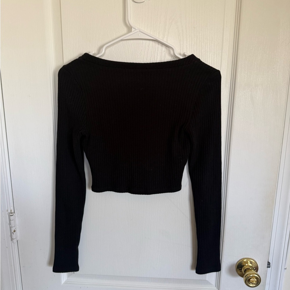 Reformation Gellar Black Ribbed Pearl-Button Long Sleeve Top - Picture 6 of 7